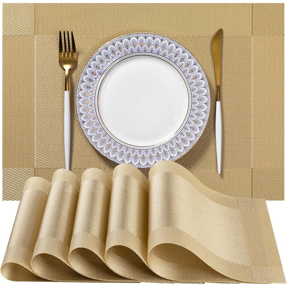 Gold Woven Placemats Set of 6 Vinyl Heat Resistant PVC Washable Table Mats 12x17